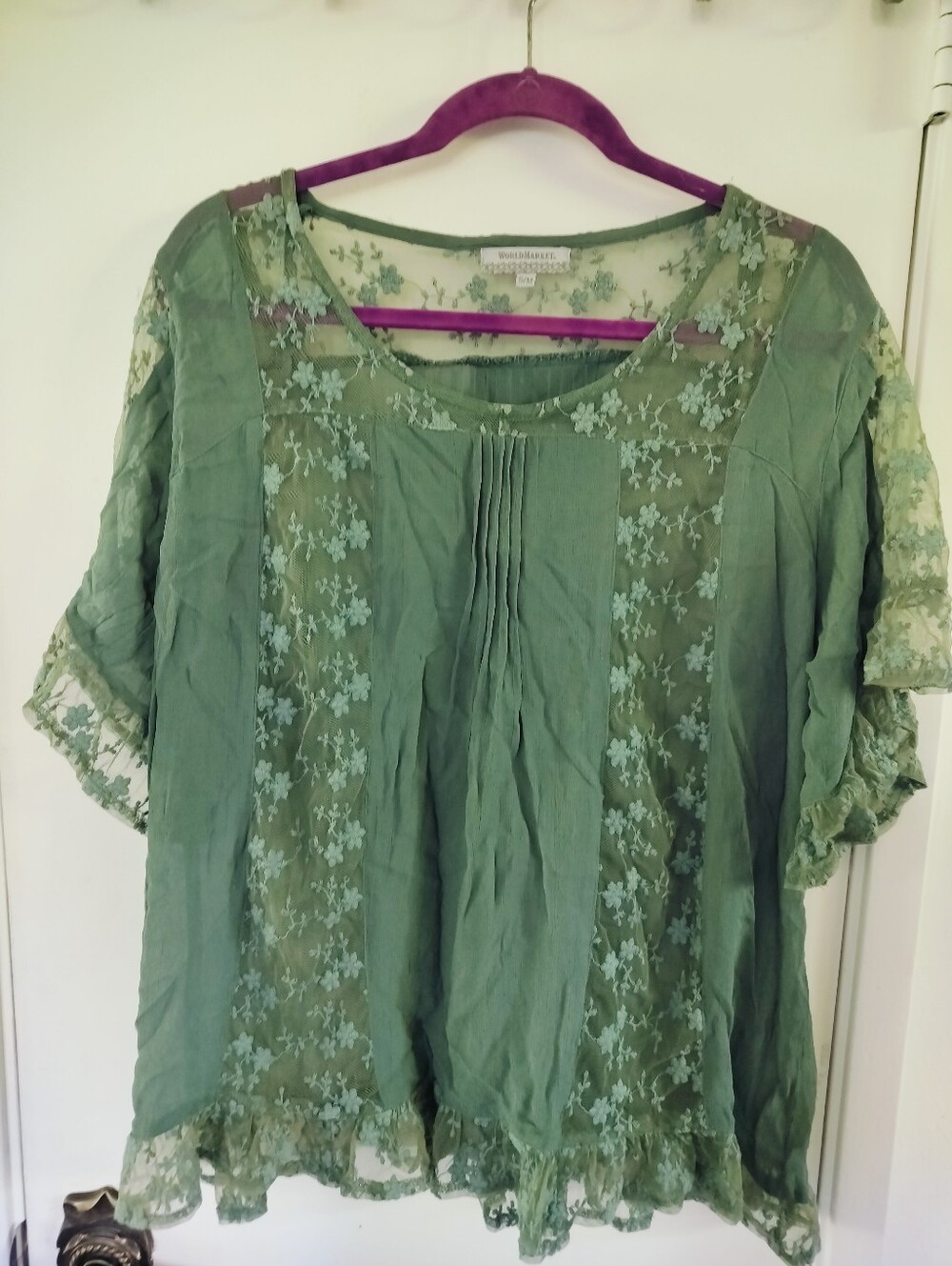 World Market Sage Green Georgette Boho Blouse S/M Viscose Embroidered Mesh